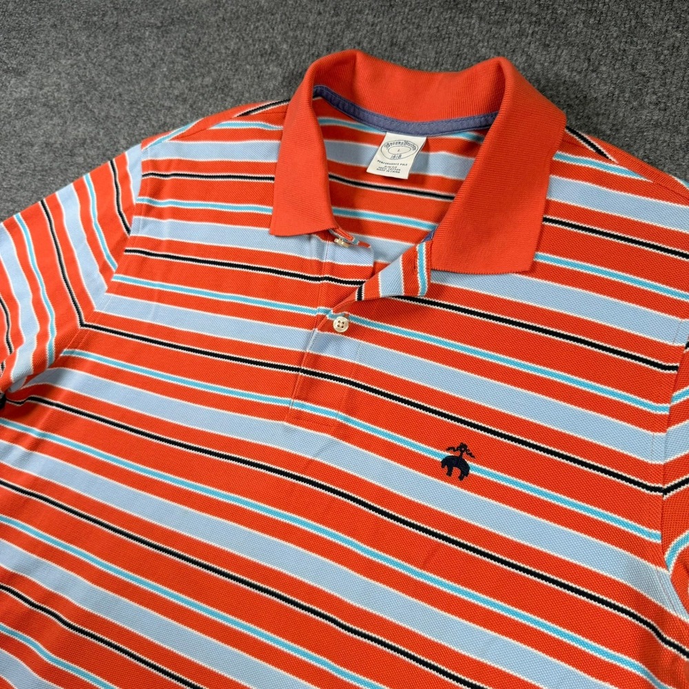 Brooks Brothers Polo Shirt Mens L Coral Blue Striped Slim Fit Performance Top